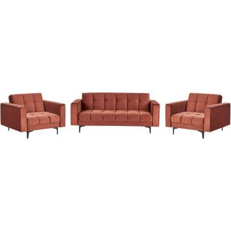 Beliani Conjunto De Sala De Estar De Terciopelo 3 Plazas 2 Sillones Reclinables 3 Posiciones Respaldo Clic Clac Rojo Alnes