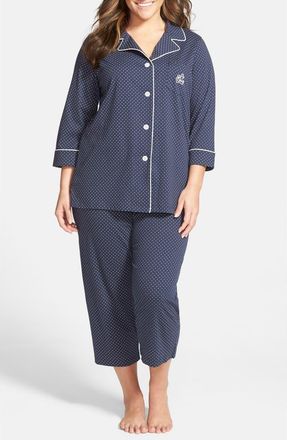 Lauren Ralph Lauren Knit Crop Pajamas in Madeleine Navy/White Dot at Nordstrom, Size 3X