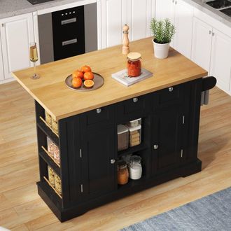 Merax 132cm Kitchen Island Trolley on Wheels with Socket & Foldable Top in Black