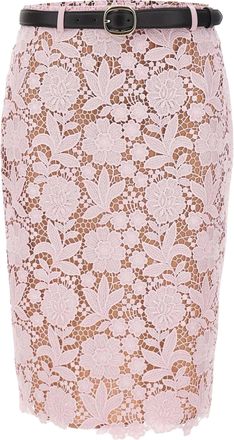 Self Portrait Midi Floral Lace Skirt with Elegant Slit and Waist Belt