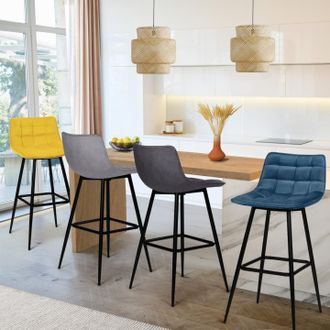 IDMarket Idmarket - Juego De 4 Taburetes De Bar Mady En Mezcla De Terciopelo Color Azul, Gris Claro, Gris Oscuro, Amarillo