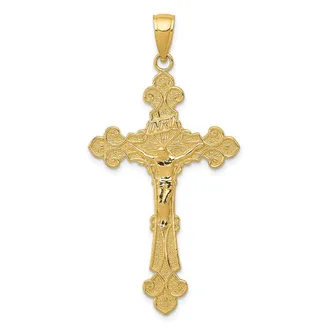 Diamond2Deal 14k Yellow Gold Polished Textured INRI Crucifix Fleur de Lis Pendant