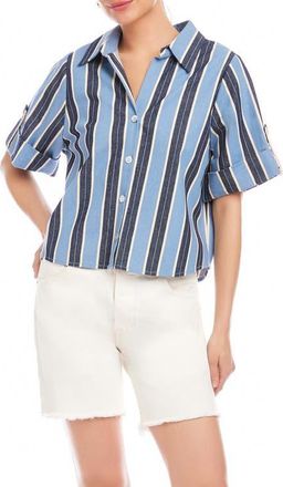 Fifteen Twenty Kay Roll Tab Cuff Stretch Cotton Button-Up Shirt in Blue/Cream at Nordstrom, Size X-Small