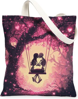 Generic Cartoon Valentines Day Cupid Canvas Tote Bag for Shopping 13x15, Swing Skeleton Skull Couple Reusable Grocery Print Bag for Women, Love Lover Beach Ae