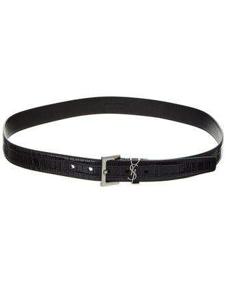 Saint Laurent Monogram Croc-Embossed Leather Belt
