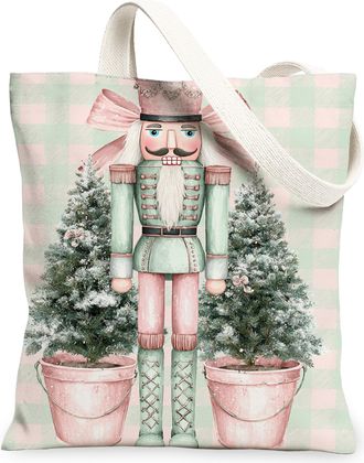 Generic Nutcracker Christmas Canvas Tote Bags, Vintage Holiday Design Reusable Bags, Winter Floral Lightweight Washable Shoulder St, Peach, 13x15 Inch