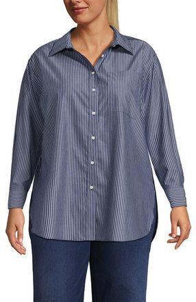 Lands End No Iron Oversized Poplin Extra Long Tunic in Deep Sea Navy Thin Stripe at Nordstrom, Size 2X