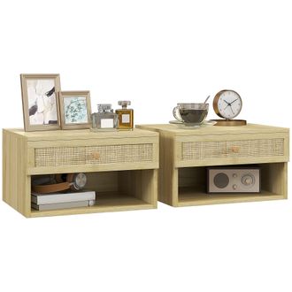 HOMCOM Floating Nightstands Set Of 2 With Rattan Drawer And Storage Shelf For Bedroom - HOMCOM | TJ Hughes