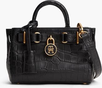 Tommy Hilfiger Womens Croc-Embossed Leather Micro Tote Bag - Black