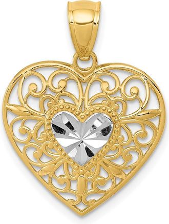 Diamond2Deal 14k Yellow Gold and White Rhodium Diamond-cut Filigree Heart Pendant