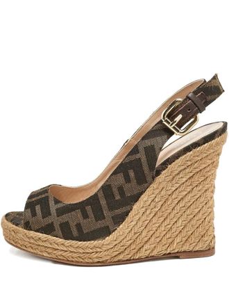 Fendi patterned slingback wedge sandal - women - Fabric/Calf Leather/Canvas - 36 - Brown