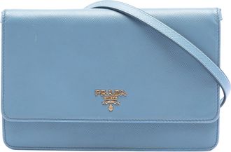 Prada Pre-owned Womens Saffiano Wallet On Strap - Light Blue Leather - One Size