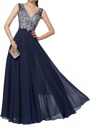 Alyce Paris Sleeveless Embellished V Neck Chiffon Gown In Navy
