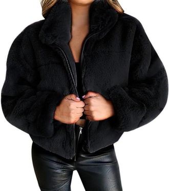 Generic Womens Fall and Winter Fluffy Collar Zipper Short Jacket Fashion Casual Furry Warm Loose Lapel Long-sleeved Faux Fur Coat (Black,M)