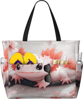 Generic Cute Axolotl Print Large Beach Bag Foldable Travel Shoulder Tote Bag With Pocket For Weekender Pool Vacation