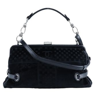 Chanel Vintage Cc Side Belted Bowler Check Embossed Velvet Black Velvet Handbag (Pre-Owned)
