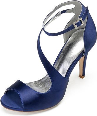 Generic Bridal Heels Women Open Toe Satin Heeled Sandals Wedding Sexy Stiletto High Heels for Party, Prom, Dating 10.5Cm,Dark Blue,6 UK