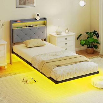 HOMCOM Floating Bed Frame with RGB Lights, Upholstered Bed Frame, Grey | Size: King