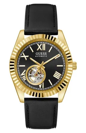 Guess Open Heart Automatic Leather Strap Watch, 42mm in Black/gold at Nordstrom