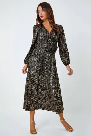 Roman Metallic Star Print Corsage Midi Wrap Dress