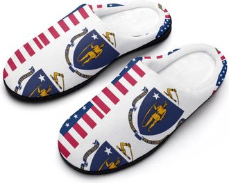 Generic US & Massachusetts Flag Funny Mens Cotton Slippers Shoes Novelty Soft Non-Slip Sole Home Shoe