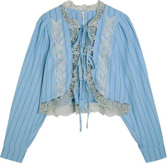 Free People Bali Jude Embroidered Cotton Blouse - Blue - L (UK16-UK18 / L)