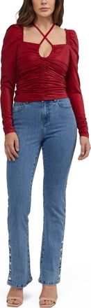 Bebe Womens Puff Sleeve Coated Ruched Top