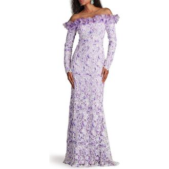 Tadashi Shoji Floral Embroidered Off the Shoulder Gown in White/Purple Haze at Nordstrom, Size 2