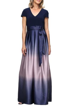 S.L. Fashions Short Sleeve Jersey Bodice Ombr&eacute; Satin A-Line Gown in Navy/Mauve at Nordstrom, Size 12