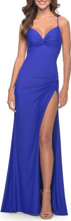 La Femme Soft Jersey Dress with Knot Detail on Bust and Hip in Royal Blue at Nordstrom, Size 12
