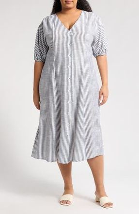 Max Studio Yarn Dye Puff Sleeve Maxi Dress in Navy/Off White Awning Stripe at Nordstrom Rack, Size 1X
