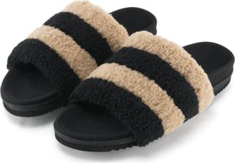 Roam Womens Fuzzy Stripes Slides In Beige & Black Faux Shearling