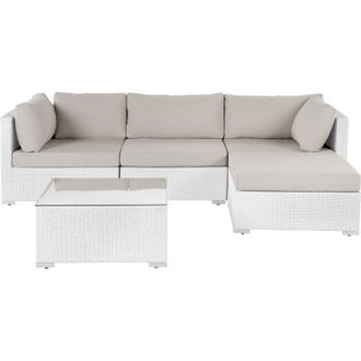 Beliani Left Hand Garden Sectional Sofa w/ Coffee Table White Faux Rattan Beige Cushions Sano