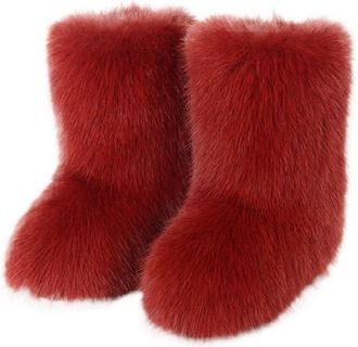 Generic Womens Faux Fox Fur Snow Boots Plush Lined Mid Cuff Winter Ankle Booties Non-Slip Slip On Fashion Shoes For Cold Weather(Red3,8.5 UK)