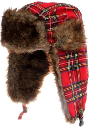 Accessoryo Trooper Trapper Hat Unisex Warm Thick Brown Faux Fur Mens Scottish Red Tartan Womens Warm Winter Cap Earflaps Hunting Hat Outdoor SKI Head Warmer