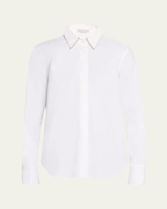 Brunello Cucinelli Poplin Button-Front Shirt with Monili Collar