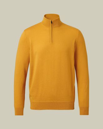 CHARLES TYRWHITT Merino Zip Neck Wool Jumper - Yellow Size Small by Charles Tyrwhitt
