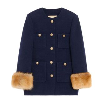 Valentino Wol Tijdjas met Imitatiebont Manchetten - Dames - Jassen - Blauw - Maat: M Wol