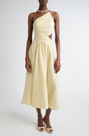 Zimmermann Cascadian Stripe Cutout Asymmetric Linen Dress in Yellow Stripe at Nordstrom, Size 0P