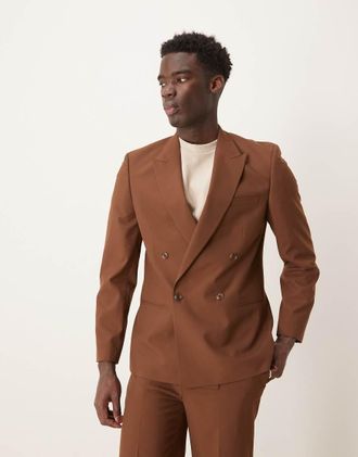 Asos Giacca da abito doppiopetto slim fit marrone