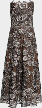 Marchesa Strapless Embroidered Applique Tulle Midi Dress