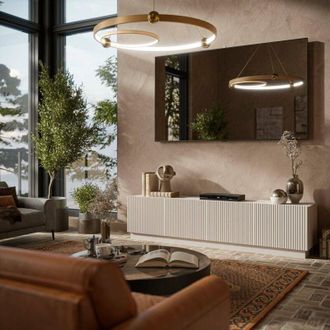 Dmora Mueble De Tv Macherio, Aparador De Sal&oacute;n Con Cuatro Puertas Batientes, Dise&ntilde;o Minimalista Y Moderno, 200x40 H48 Cm, Beige