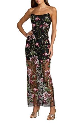 Mac Duggal Strapless Floral Embroidered Column Dress in Black Multi at Nordstrom, Size 10