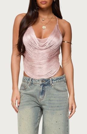 Edikted Elenie Fringe Cowl Neck Crossback Top in Light-Pink at Nordstrom, Size X-Large