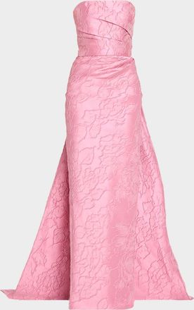 Monique Lhuillier Strapless Floral Jacquard Column Gown With Train