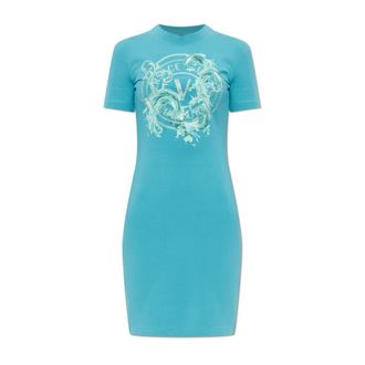 Versace Jeans Couture Short Dresses, female, Blue, Size: XS Dress with print and shimmering sequins