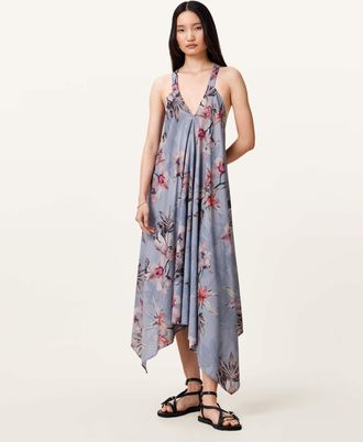 AllSaints Cotton Lil Asymmetric Floral Print Midi Dress, Size: UK 16/US 12