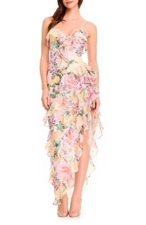Dress The Population Josefina Metallic Floral Ruffle Detail Gown in Ivory Multi at Nordstrom Rack, Size Xx-Small
