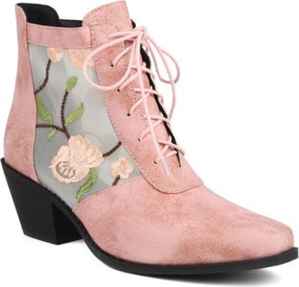 Generic Womens Ankle Boots Floral Embroidery Sheer Mesh Panel Lace Up Square Toe Chunky Block Heel Lightweight Sole Fashion Boots Multiple Color Options,Pink,