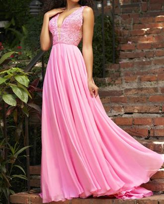 Sherri Hill Leaf Lace Bodice Gown In Bright Pink